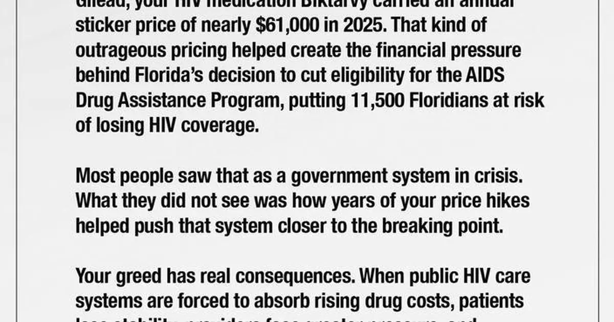 AHF狠批Gilead藥價過高 佛州愛滋病藥物援助計劃陷危機