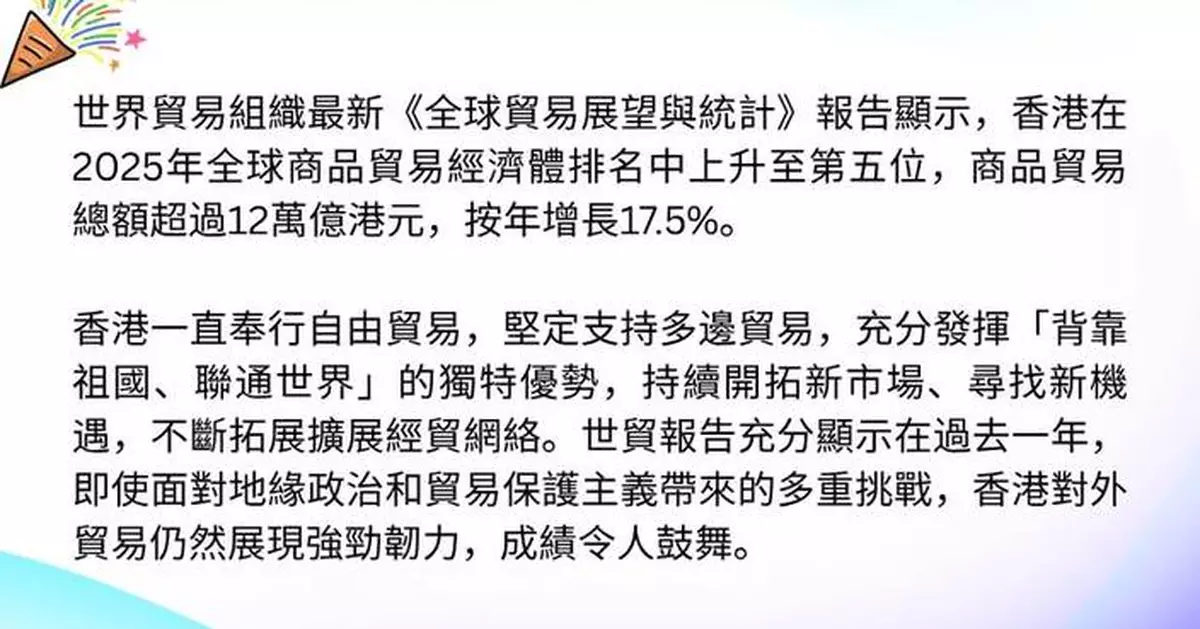 陳振英：香港2025全球商品貿易經濟體排名上升至第五 成績令人鼓舞