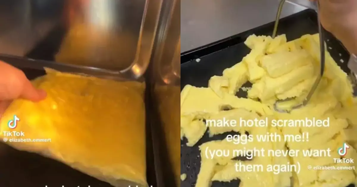 酒店自助早餐炒蛋製作過程曝光 預製蛋液連袋加熱惹網民反胃直呼：不敢再吃