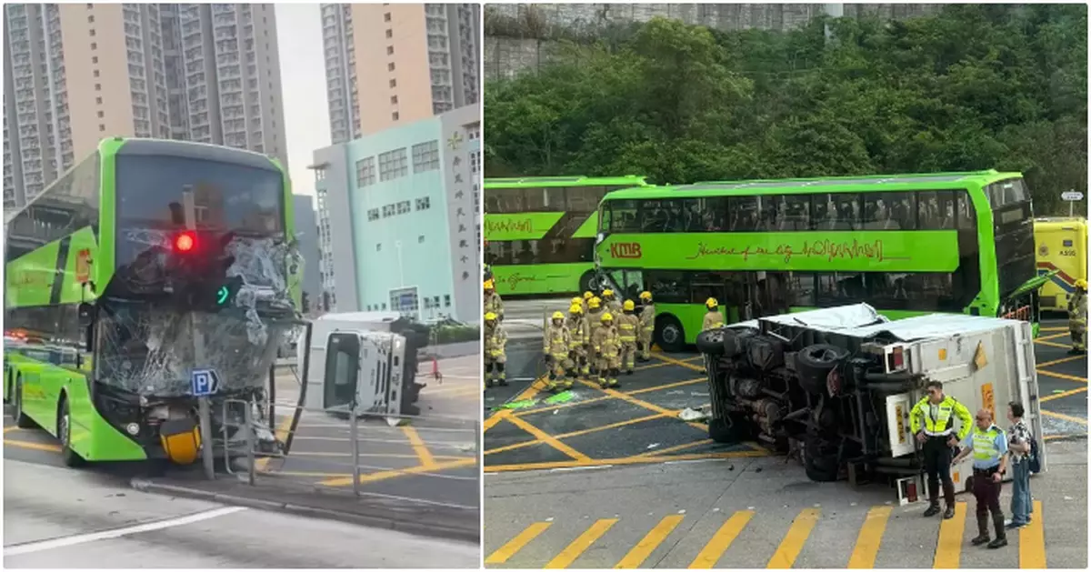秀茂坪貨車九巴相撞  貨車翻側九巴車頭嚴重損毀 初步10人輕傷