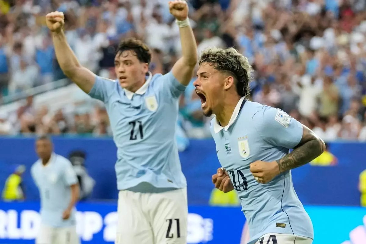 2026年6月15日周一，烏拉圭球員馬克西·阿勞霍在佛羅里達州邁阿密花園舉行的世界盃H組沙特阿拉伯對烏拉圭足球賽中，慶祝為球隊射入首個入球。(美聯社圖片/Lynne Sladky) AP圖片