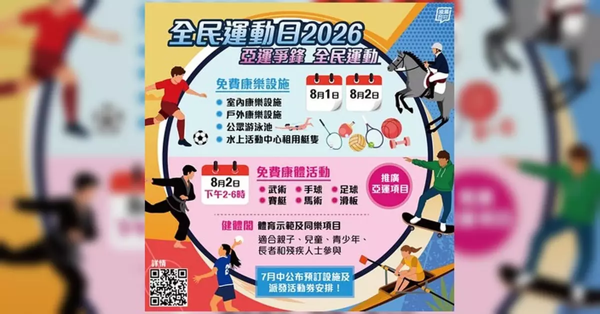 全民運動日2026以亞運為主題 康文署設施8月一連兩日免費開放