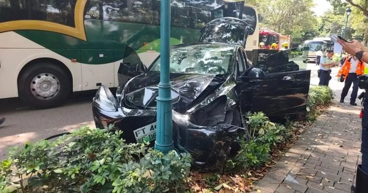 左軚Tesla迪士尼酒店外撞旅遊巴　剷人路撼燈柱車頭嚴重損毀