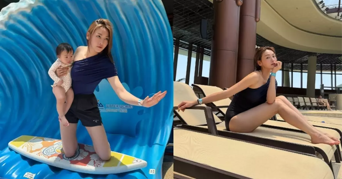 關嘉敏陪契女去水上樂園玩水 密實一件頭上陣長腿依然煞食