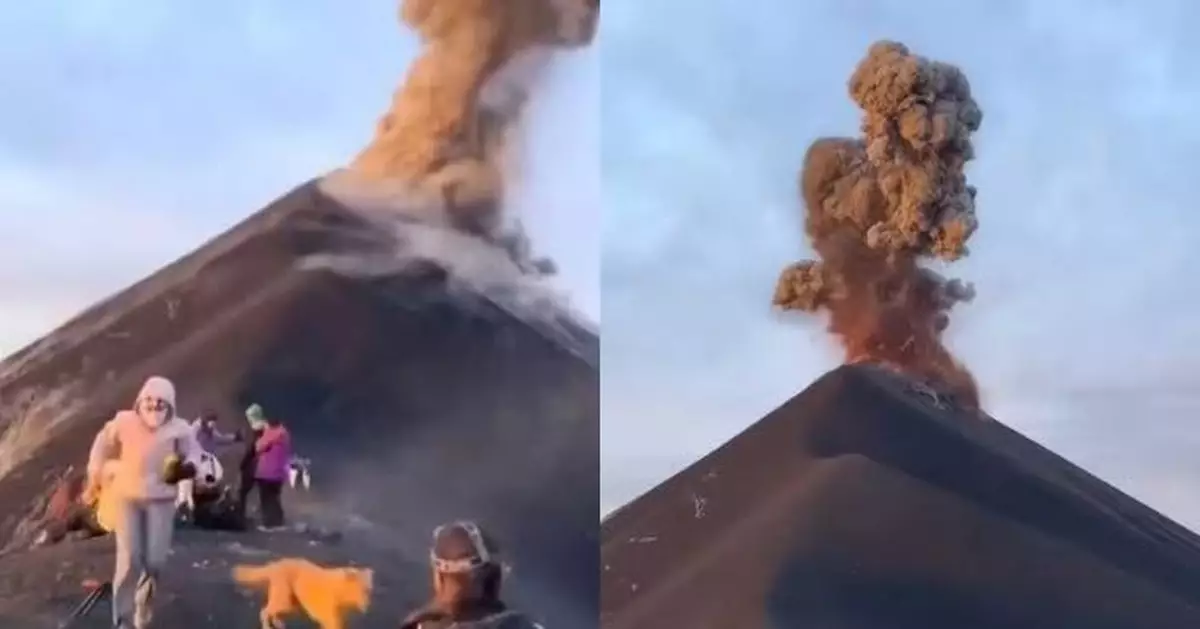 危地馬拉火山突噴發 熔岩碎石如雨滴落下 遊客近火山口拍片險被擊中