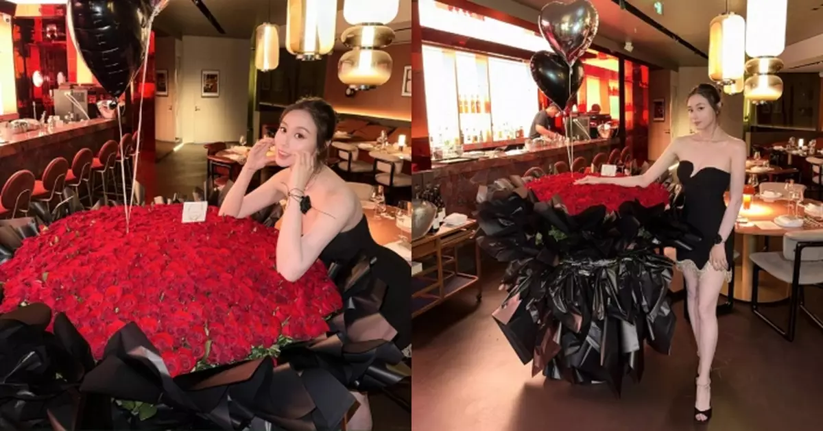 何超欣黑色低胸晚裝性感上陣補祝27歲生日 巨型紅玫瑰排面十足
