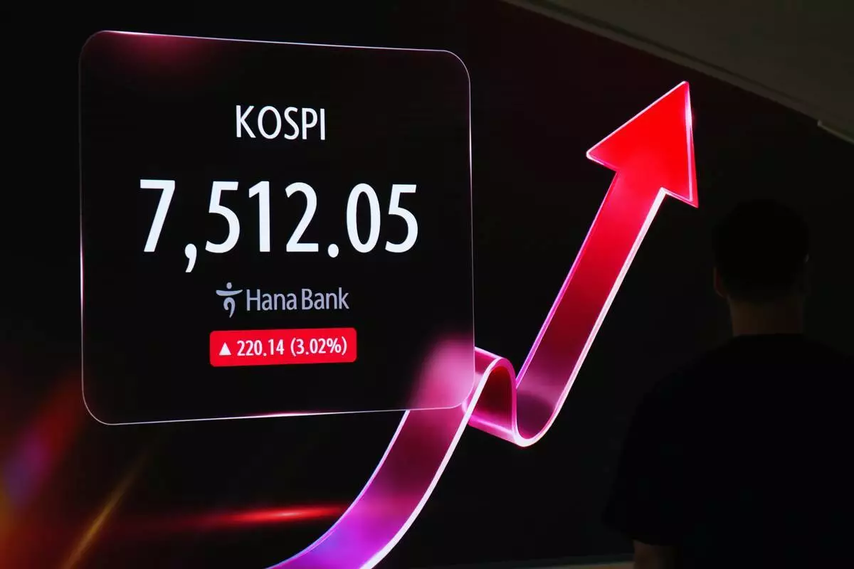 一名媒體成員站在顯示南韓綜合股價指數（KOSPI）的屏幕旁，攝於南韓首爾Hana銀行交易室。周五，2026年7月10日。(美聯社圖片/Lee Jin-man) AP圖片