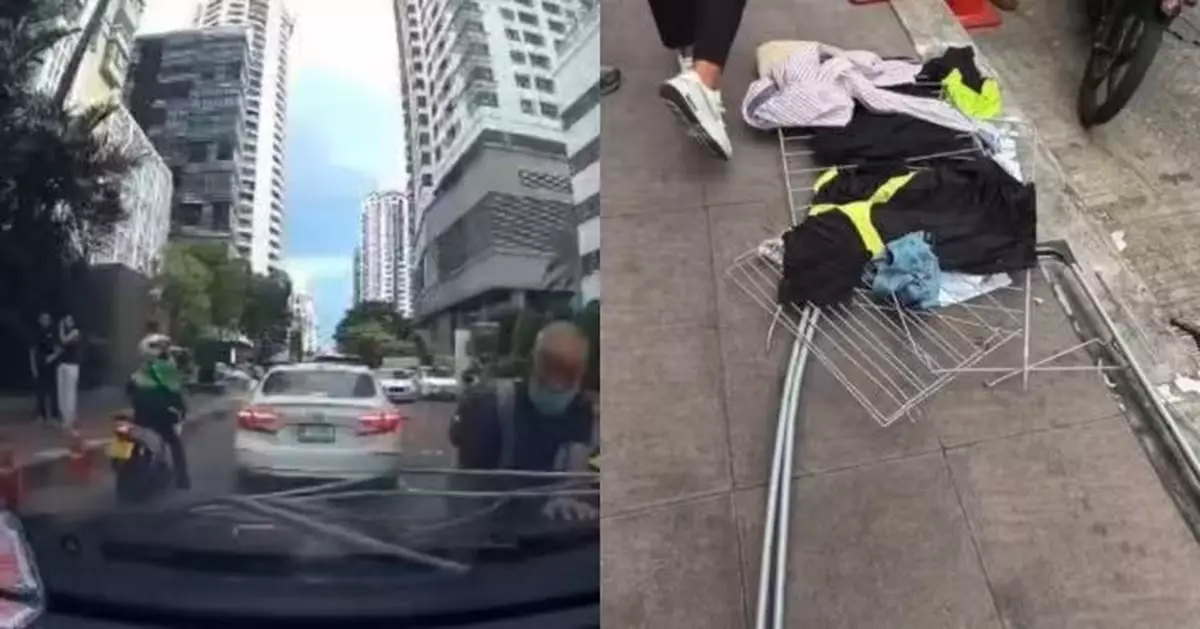 高樓晾衣架突墜落 曼谷電單車的士司機與乘客遭擊中失控倒地受傷