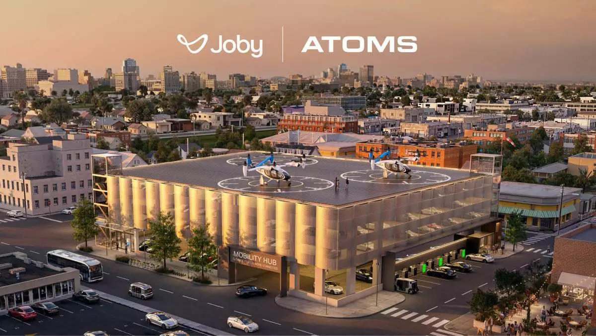 新一代Atoms-Joby垂直升降機場概念圖，設計為連接電動空中的士、自動駕駛車輛、共乘服務及現場充電的多模式樞紐。(Atoms及Joby Aviation圖片) AP圖片