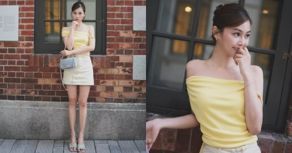 郭柏妍大館影靚相晒青春小性感 淡黃off-shoulder＋米白短裙極養眼