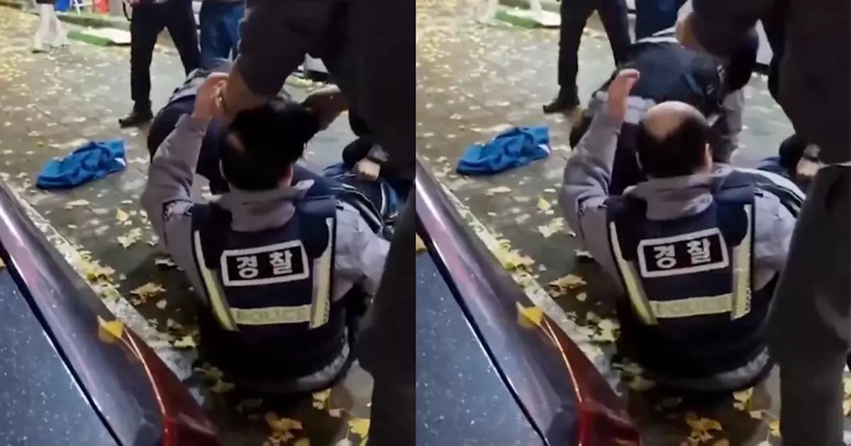 人情味十足！釜山警員制伏醉漢　假髮甩脫頭頂「見光」　途人默默拾起幫戴回