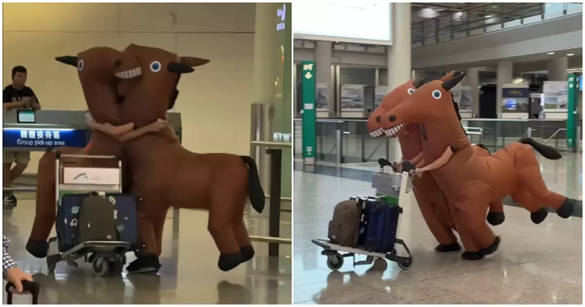 接機變「接馬」！兩隻充氣小馬機場大堂興奮相擁 網民：馬到功成