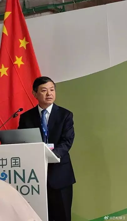 中國生態環境部部長黃潤秋在阿聯酋出席聯合國氣候變化大會「中國角」開幕式。微博圖片