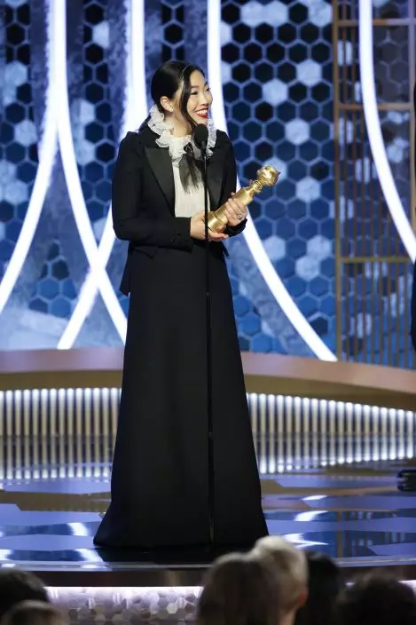 This image released by NBC shows Awkwafina accepting the award for best actress in a motion picture comedy for her role in "The Farewell" at the 77th Annual Golden Globe Awards at the Beverly Hilton Hotel in Beverly Hills, Calif., on Sunday, Jan. 5, 2020. (Paul DrinkwaterNBC via AP)