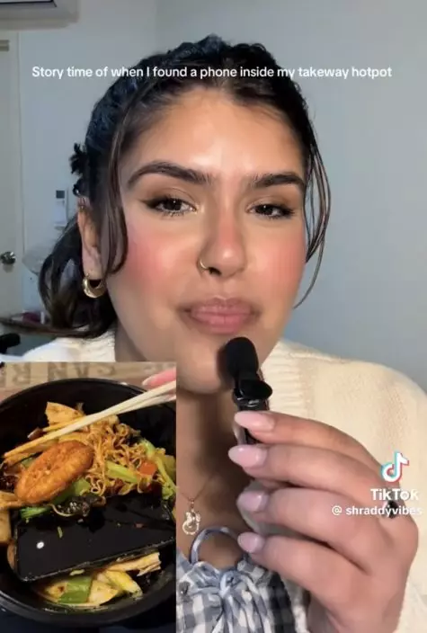 女子食火鍋外賣撈到廚師手機。影片截圖