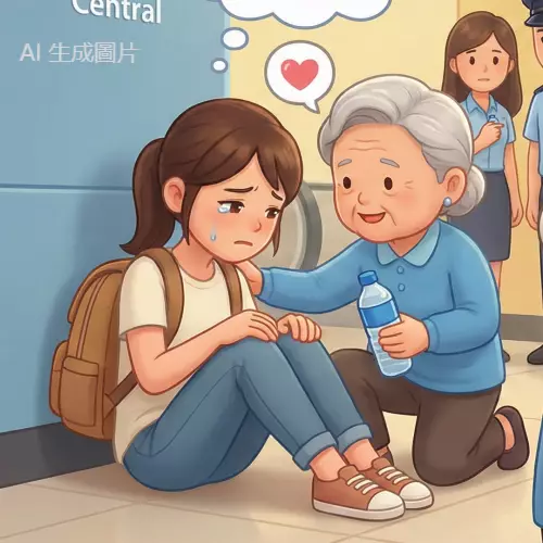 一名內地女生在中環港鐵站突發不適，一位藍衫阿婆即場陪伴近50分鐘，遞水照顧。AI 生成圖片