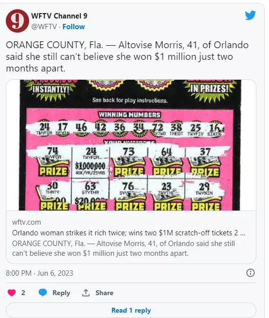 美國佛州婦人在Twitter上公布，自己2度中獎的彩票。 (Twitter截圖)