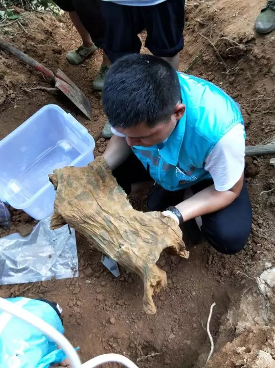 義工檢視出土的疑似降落傘傘布 (網上圖片)