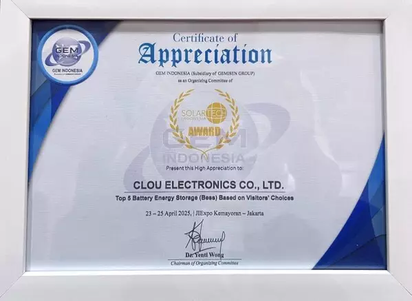CLOU Electronics honored as a TOP 5 Battery & Energy Storage Innovation Company at Battery Energy Storage Indonesia 2025