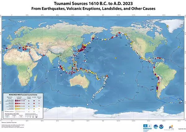 海嘯源頭(公元前1610年至公元2023年,涵蓋地震、火山爆發、山崩和其他原因)。香港天文台網誌圖片
