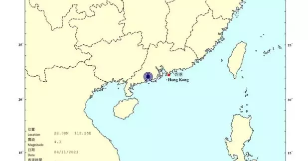 天文台的初步分析，地震強度為4.3級地震 ，震央距離香港之西約200公里。（天文台網站截圖）