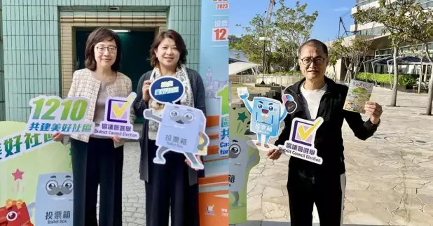 甯漢豪（左一）與李夏茵（左二）在「打卡位」；盧寵茂（右）呼籲選民投票。（醫務衞生局社交網頁）