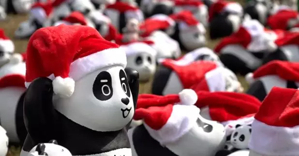 聖誕造型大熊貓雕塑一連兩日中山紀念公園展出。(梁禎祥攝)