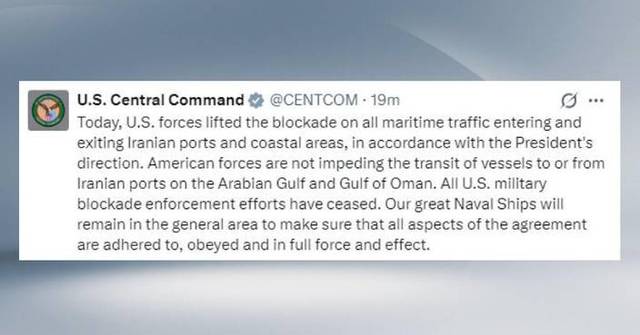 U.S. lifts naval blockade against Iran
