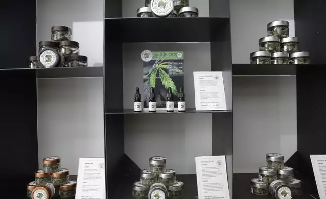 In this Thursday, June 6, 2019 photo, cannabis buds and products are displayed at a cannabis light store in Milan, Italy. Interior Minister Matteo Salvini has been an outspoken opponent of the marijuana light businesses that sprouted up around the country after pioneering 2016 legislation that many saw as a step toward eventual marijuana liberalization. (AP PhotoLuca Bruno)
