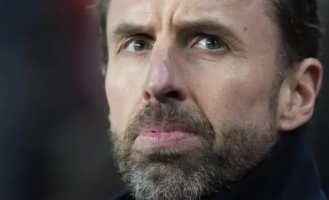 England's head coach Gareth Southgate looks on during an international friendly soccer match between England and Belgium at Wembley Stadium, in London, Tuesday, March 26, 2024. (AP Photo/Kirsty Wigglesworth)