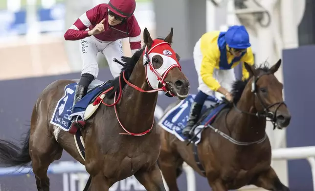 Forever Young, with jockey Ryusei Sakai, wins the Group 2 UAE Derby over 1900m (9.5 furlongs) at Meydan Racecourse in Dubai, United Arab Emirates, on Saturday, March 30, 2024. (AP Photo/Martin Dokoupil)