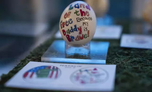 Eggs designed by children of members of the military adorn the East Colonnade of the White House ahead of the White House Easter Egg Roll, Thursday, March 28, 2024, in Washington. (AP Photo/Evan Vucci)