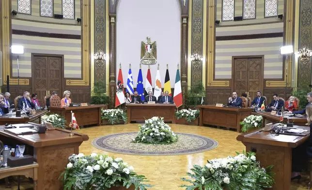 In this photo provided by Egypt's presidency media office, Egyptian President Abdel-Fattah el-Sissi chairs a meeting with Austrian Federal Chancellor Karl Nehammer, Greece Prime Minister Kyriakos Mitsotakis, European Commission president Ursula Von der Leyen, Cyprus President Nikos Christodoulides, Belgian Prime Minister Alexander De Croo and Italy Prime Minister Giorgia Meloni, at the Presidential Palace in Cairo, Egypt, Sunday, March 17, 2024. (Egyptian Presidency Media Office via AP)