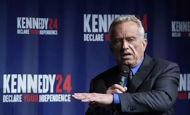 FILE - Presidential candidate Robert F. Kennedy Jr., speaks during a campaign event at the Adrienne Arsht Center for the Performing Arts of Miami-Dade County, Thursday, Oct. 12, 2023, in Miami. (AP Photo/Wilfredo Lee, File)