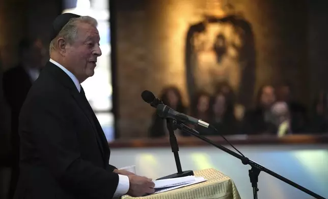 Former Vice President Al Gore speaks at the funeral for former Sen. Joe Lieberman in Stamford, Conn., Friday, March. 29, 2024. (AP Photo/Bryan Woolston)