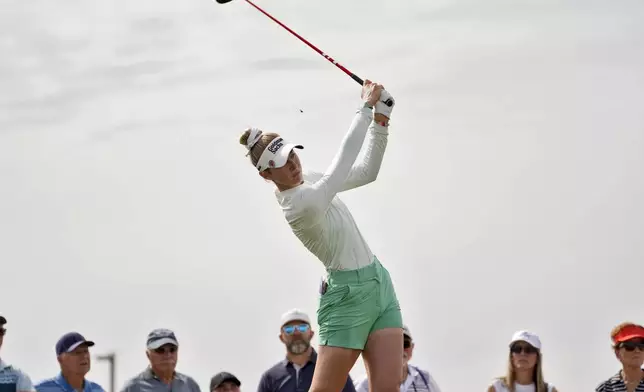 Nelly Korda hits from the seventh tee during the first round of LPGA Ford Championship golf tournament, Thursday, March 28, 2024, in Gilbert, Ariz. (AP Photo/Matt York)