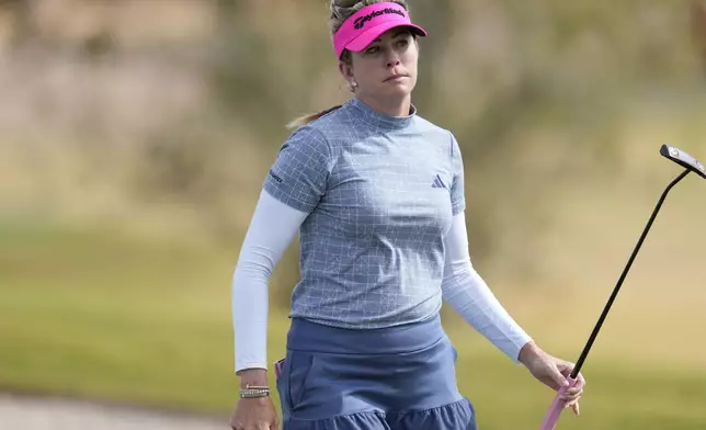 Paula Creamer reacts to missing her shot on the first green during the first round of LPGA Ford Championship golf tournament, Thursday, March 28, 2024, in Gilbert, Ariz. (AP Photo/Matt York)