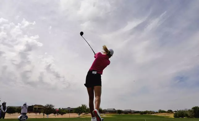 Anna Nordqvist hits from the second tee during the first round of LPGA Ford Championship golf tournament, Thursday, March 28, 2024, in Gilbert, Ariz. (AP Photo/Matt York)