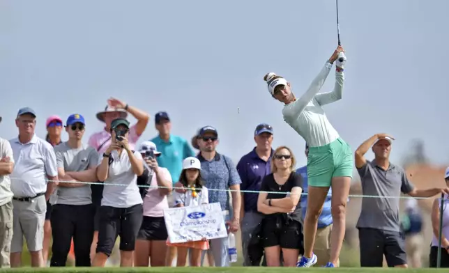 Nelly Korda hits from the ninth tee during the first round of LPGA Ford Championship golf tournament, Thursday, March 28, 2024, in Gilbert, Ariz. (AP Photo/Matt York)