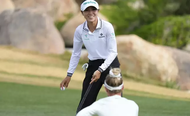 Lydia Ko smiles after her shot on the eighth green during the first round of LPGA Ford Championship golf tournament, Thursday, March 28, 2024, in Gilbert, Ariz. (AP Photo/Matt York)