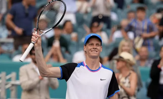 Jannik Sinner, of Italy, acknowledges the crowd after defeating Daniil Medvedev, of Russia, in a semifinal match at the Miami Open tennis tournament, Friday, March 29, 2024, in Miami Gardens, Fla. (AP Photo/Lynne Sladky)