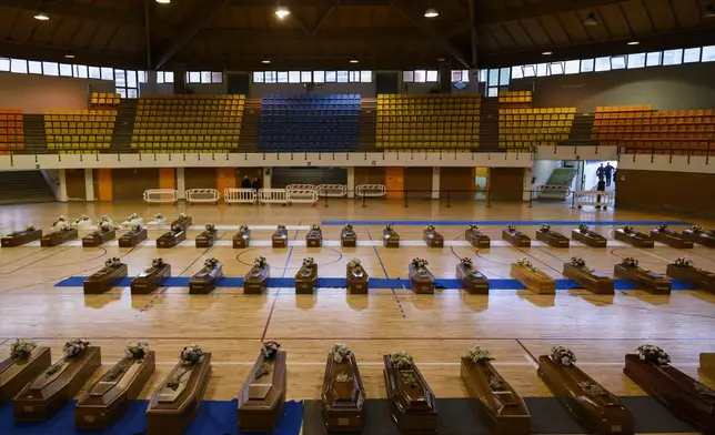 FILE - This Feb. 28, 2023 file photo shows the coffins, aligned inside the PalaMilone sports center in Crotone, southern Italy, of the migrants who died after their boat capsized in the early morning of Sunday, Feb. 26, 2023, at a short distance from the shore in Steccato di Cutro, in the Italian southern tip, killing at least 94 people. The UN migration agency marks a decade since the launch of the Missing Migrants Project, documenting more than 63,000 deaths around the world. More than two-thirds of victims remain unidentified highlighting the size of the crisis and the suffering of families who rarely receive definitive answers. (AP Photo/Valeria Ferraro, File)