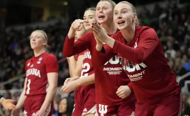 Indiana players react during the second half of a Sweet Sixteen round college basketball game against the South Carolina during the NCAA Tournament, Friday, March 29, 2024, in Albany, N.Y. (AP Photo/Mary Altaffer)