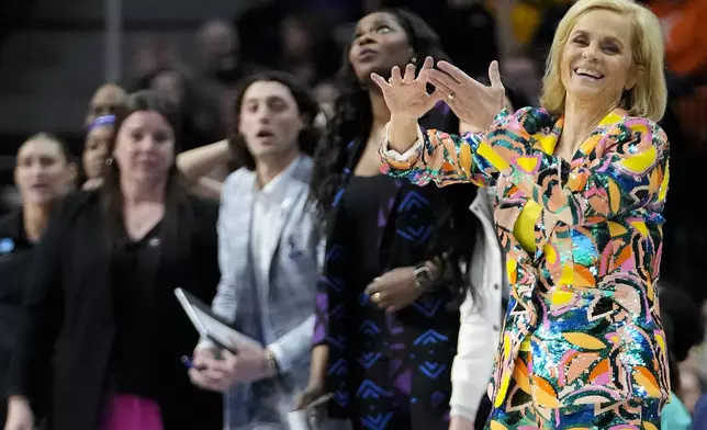 LSU head coach Kim Mulkey reacts during the fourth quarter of a Sweet Sixteen round college basketball game against UCLA during the NCAA Tournament, Saturday, March 30, 2024, in Albany, N.Y. (AP Photo/Mary Altaffer)