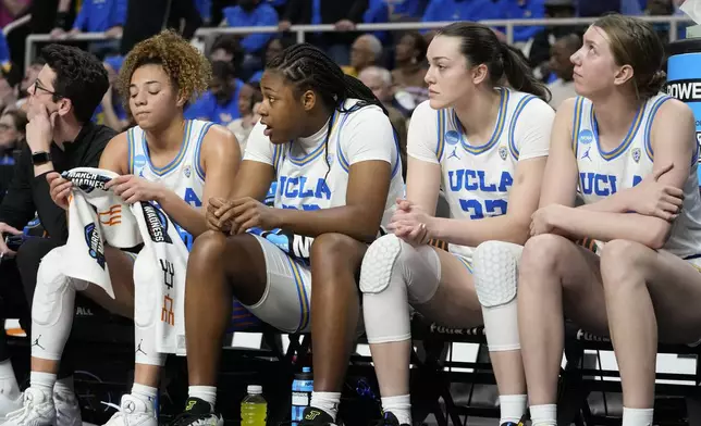UCLA players react on the bench during the fourth quarter of a Sweet Sixteen round college basketball game against LSU during the NCAA Tournament, Saturday, March 30, 2024, in Albany, N.Y. (AP Photo/Mary Altaffer)