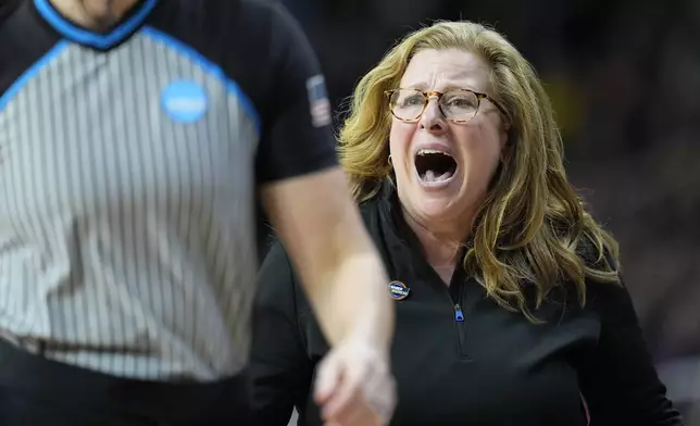 UCLA head coach Cori Close reacts during the second quarter of a Sweet Sixteen round college basketball game against the LSU during the NCAA Tournament, Saturday, March 30, 2024, in Albany, N.Y. (AP Photo/Mary Altaffer)