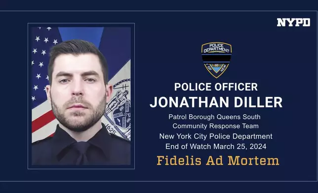 This photo provided by the New York City Police Department shows police officer Jonathan Diller, who was killed in the line of duty on Monday, March 25, 2024, in New York. Former President Donald Trump will attend Thursday's wake for Diller, who was gunned down in the line of duty. (New York City Police Department via AP)