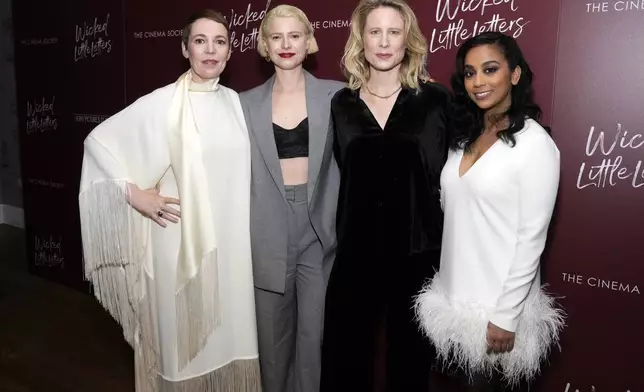 Olivia Colman, from left, Jessie Buckley, Thea Sharrock and Anjana Vasan attend a "Wicked Little Letters" screening, hosted by Sony Pictures Classics and The Cinema Society, at the Crosby Street Hotel on Wednesday, March 20, 2024, in New York. (Photo by Charles Sykes/Invision/AP)