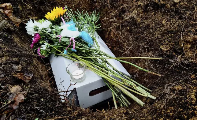This image provided by Sarah Bown, shows the burial following an animal funeral for "Buddy" the cat in May, 2021. (Sarah Bowen via AP)