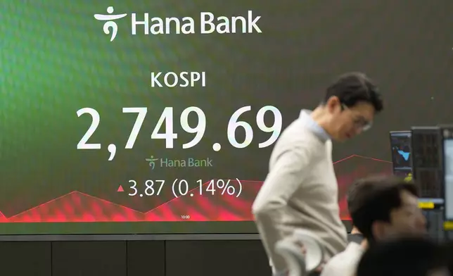 A currency trader talks near the screen showing the Korea Composite Stock Price Index (KOSPI) at a foreign exchange dealing room in Seoul, South Korea, Friday, March 29, 2024. Asian shares were mostly higher Friday in quiet holiday trading, with markets closed in Hong Kong, Sydney, Singapore and India, among other places. (AP Photo/Lee Jin-man)
